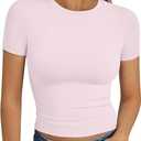 Trendy Queen Womens Short Sleeve T Shirts Summer Crop Tops Basic Slim Fit Gym Workout Y2k Clothes (Medium)