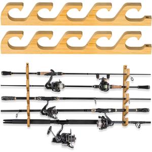 RayYunTustone Horizontal Fishing Rod/Pole Holders for Garage, Wall or Ceiling Mounted Rack, Solid Wood Fishing Rod Holder Holds up to 5 Rods or Combos Fishing Gear, Gifts for Men
