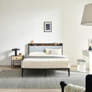 Elevon Queen Size Metal Bed Frame with Fabric Upholstered Headboard, Non-Slip Without Noise, Easy Assembly, Grey