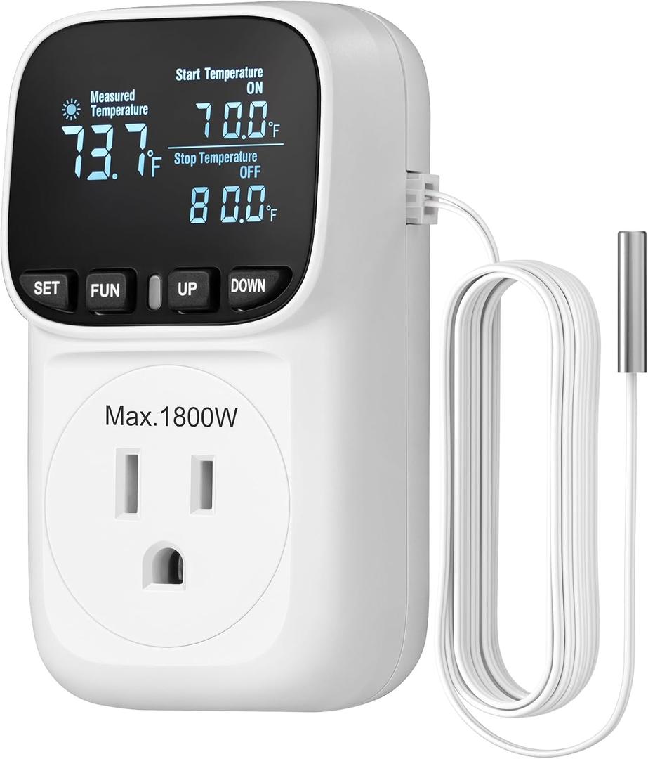 DEWENWILS Digital Temperature Controller, Heavy Duty 15A/1800W Thermostat Outlet Plug, VA Display Heating Cooling Control Timer, -40~210, Cyclic Timing/Countdown, for Greenhouse Incubator Homebrew (White)