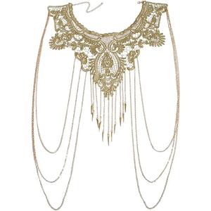 Boho Gold Body Chains Sexy Lace Shoulder Necklace Chain Bikini Rhinestone Bra Chain Rave Costume Party Body Jewelry for Women