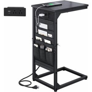 C-Shaped End Table with Fast-Charging Station, Small Couch Side Table with Storage Bag, Sofa TV Tray Table for Living Room, Bedroom, Bedside ET-BK-1