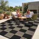 Garvee Waterproof Outdoor Rug 8x10, Checkered Foldable Plastic Straw Patio Camping Rug, Outdoor RV Carpet for Deck Camper Porch Balcony Backyard Picnic Beach Black and Brown