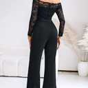 CHICME Womens Dressy Jumpsuits Casual One Piece Outfits Off Shoulder Lace Trim Overalls Straight Leg Pants (Medium, Black)