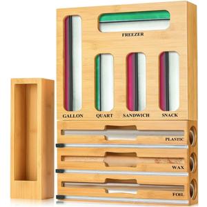 Ziplock Bag Organizer Bamboo Set with Aluminum Foil Organizer, All in One Baggie Organizer for Drawer, Zip Lock Bag Organizer for Kitchen Storage and Countertop Wrap Rolls