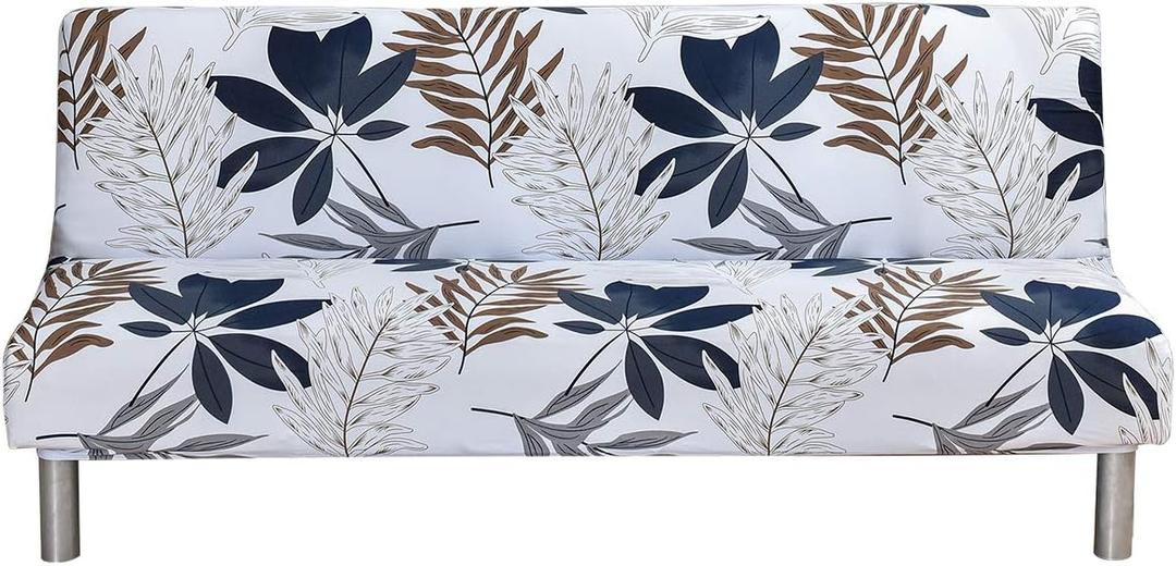 MIFXIN Armless Sofa Cover Futon Slipcover Stretch Elastic Folding Sofa Bed Non-Armrest Couch Furniture Protector Spandex Printed Washable Sofa Cover Without Armrests (Grey Blue Leaf)