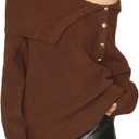 ZAFUL Women's Off The Shoulder Sweater Pullover Knit Cardigan Long Sleeve Loose Going Out Tops (Brown, M)