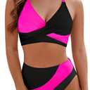 Blooming Jelly Womens High Waisted Bikini Sets Criss Cross Two Piece Swimsuits Color Block Full Coverage Bathing Suits (X-Large, Black Pink)