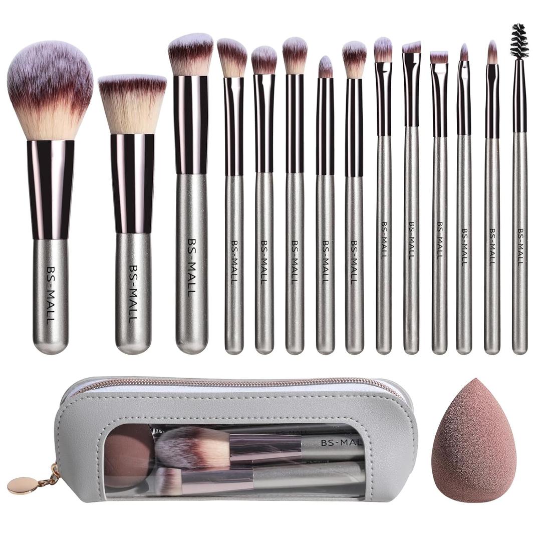 Travel Makeup Brush Set BS-MALL 14 Pcs with 1 Pcs Makeup Sponge Essential Foundation Powder Concealers, Eye Shadows, Blush Makeup Brushes with Travel Makeup Case (Champagne)