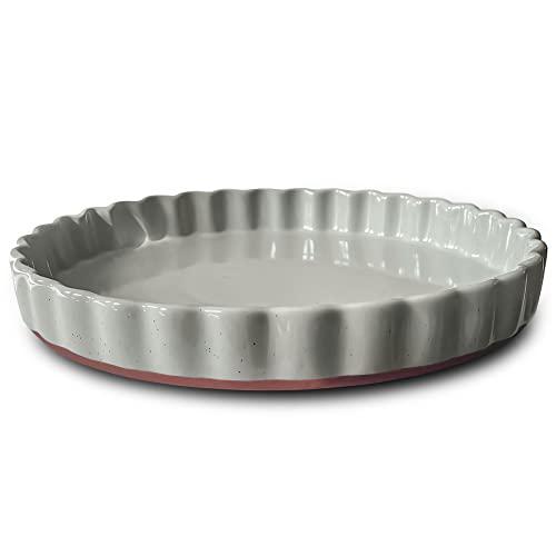 MORA Ceramic Tart Pan, 9.5 Inch Large Porcelain Baking Dish for Tarts, Quiche, Pie, Flan etc. Fluted Ruffled Edge, Oven, Microwave, Freezer, and Dishwasher safe - Great Gift For Bakers - Earl Grey