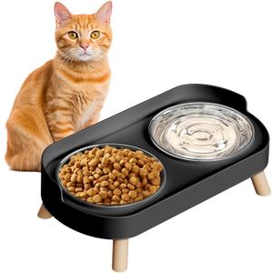 Elevated Cat Bowl, Raised Cat Food and Water Bowl Set for Indoor Cats, Splash Proof with 4 Stainless Steel Pet Food Bowls for Cats and Puppies, Whisker Fatigue and Dishwasher Safe - Black