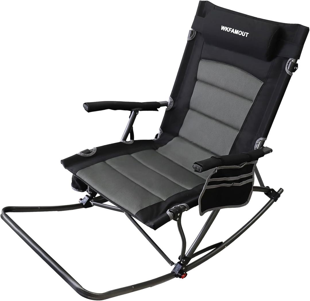Oversized Folding Low Rocking Camping Chair with Footrest Removable Pillow Portable Outdoor Rocker Padded High Back Ergonomic Armrests for Patio Garden Lawn (Black/Grey)