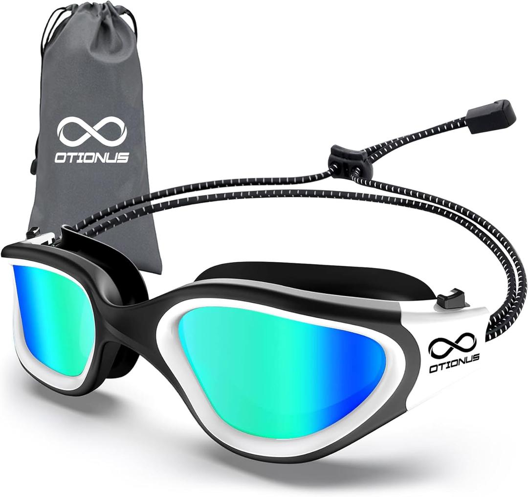 Swim Goggles, Polarized Adult Swimming Goggles Bungee Strap No Hair Pulling Anti-fog Pool Goggles for Men Women (01-black White/Polarized Mirror Gold)