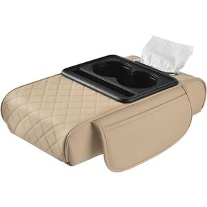 LEIWOOR Car Center Console Armrest Pillow, Booster Cushion with Cup Holder & Phone Holder Universal for Most Car Interior Accessories(Beige, Large)