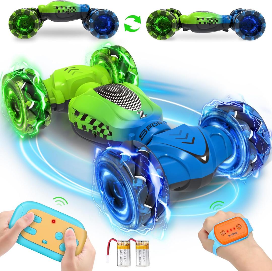 Gesture Sensing RC Stunt Car, Toys for Ages 4-12, Gift for Ages 6 7 8 9 10 11 12 Boys and Girls, Remote Control Car, 4WD Transform Drift RC Cars with Lights, Birthday Gift for Kids (Green)