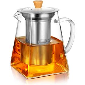 CNGLASS Glass Teapot with Infuser,24oz Clear Glass Tea Kettle with Removable Stainless Steel Strainer,Stovetop Safe Glass Teapot for Blooming and Loose Leaf Tea