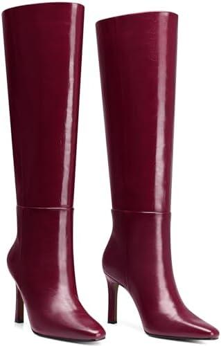 CELLENZ Womens Knee High Boots: Dressy Stiletto Heels Boots - Heeled Wide Calf Tall Booties Women - Red Leather Heeled Fall Boot Night Out Dancing Size 7