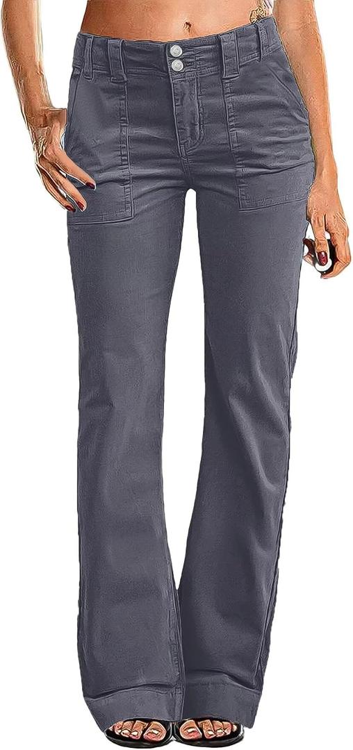 Flamingals Women's Wide Leg Pants for Women Mid Waist Dress Flare Straight Leg Corduroy Pants Work 31" Inseam Trouser (L)