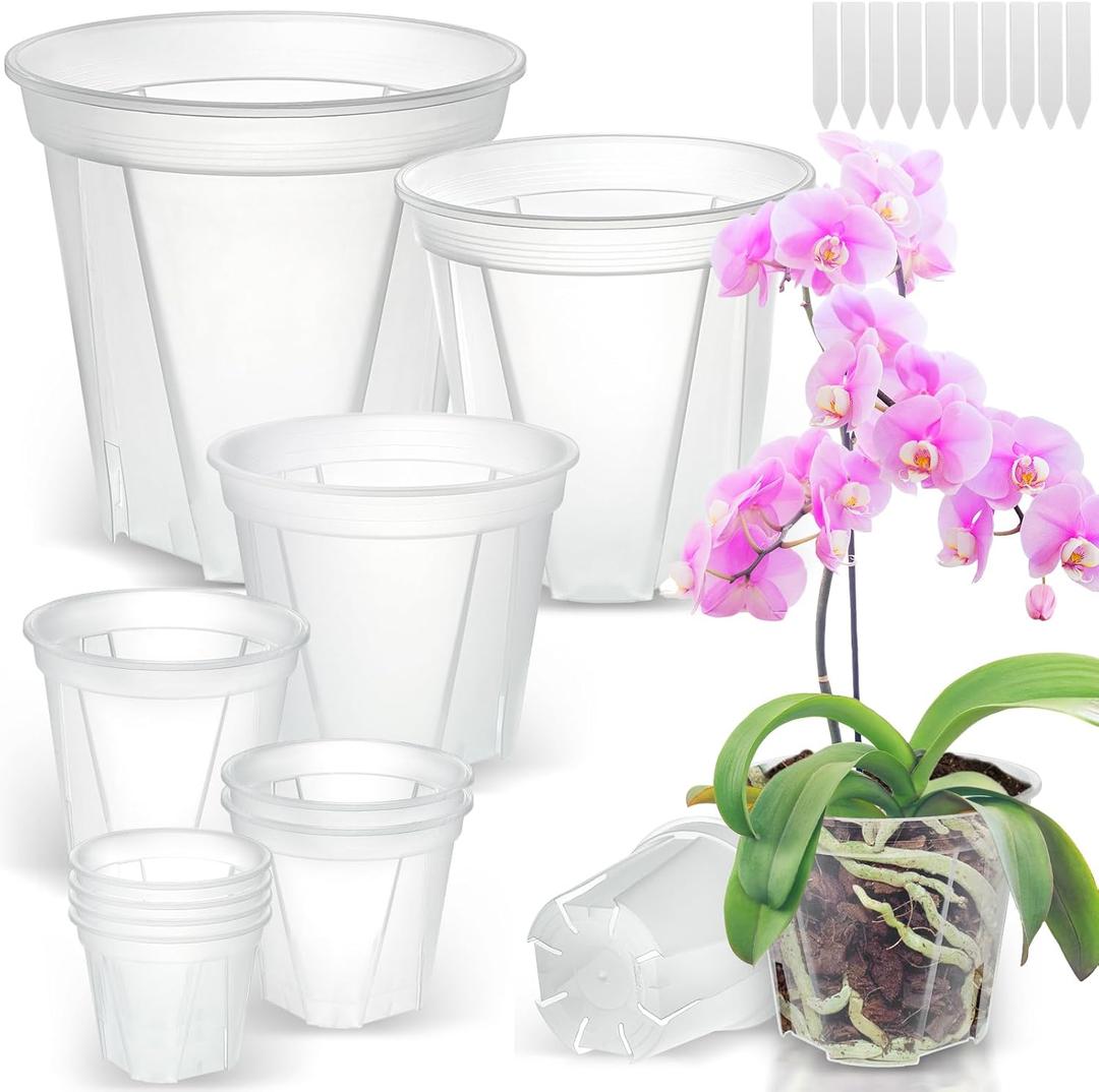 Clear Nursery Pots with Drainage, 10 Pack Transparent Plastic Orchid Planters, 6 Sizes Plant Pots 9.5/8.5/7/6/4.7/4 Inch with 10 Plant Labels for Seedlings, Succulents, Indoor/Outdoor Repotting, MIX-6 Sizes
