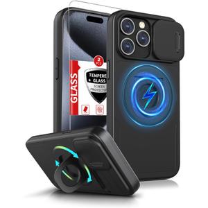 for iPhone 15 Pro Case Magnetic Compatible with MagSafe Wireless Charging with 2 Screen Protectors,Built-in Kickstand Ring Camera Heavy Duty Protection Military Grade Drop Shockproof Black