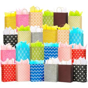 24 Pack 13" Large Kraft Paper Gift Bags Assortment with Tissue Paper & Handles, 12 Unique Solid & Geometric Pattern Designs for Birthdays, Anniversary, Father's Day, Holidays and Other Occasions