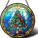 ERMCDFHC Stained Glass Window Hanging, Christmas Tree with Golden Gifts Design Round Sun Catchers Glass Panel Suncatcher Decor for Home, 7.8Inch. (037)