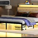 Full Size Bed Frame with Led Lights, Metal Platform Frame Upholstered Headboard, Charging Station, Storage Shelves, Heavy Duty Metal Slats, No Box Spring Needed, Noise Free, Easy Assembly, Black