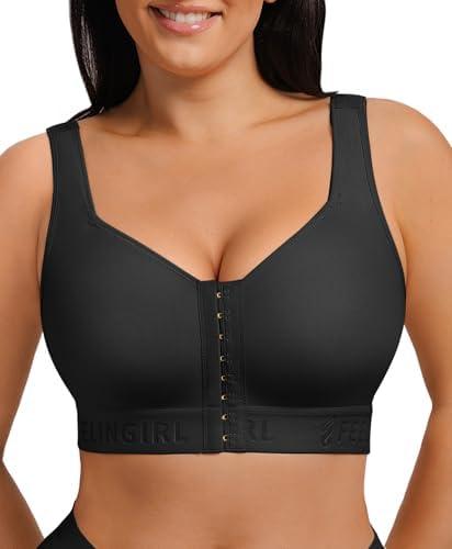 FeelinGirl Post Surgery Bra Front Closure Compression Mastectomy Bra for Women with Wide Adjustable Straps Wirefree Support, M