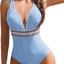 AI'MAGE One Piece Swimsuit Women Tummy Control Slimming Modest Bathing Suits Color Block Adjustable Straps Swim Suits 2025 (Large, Light Blue)