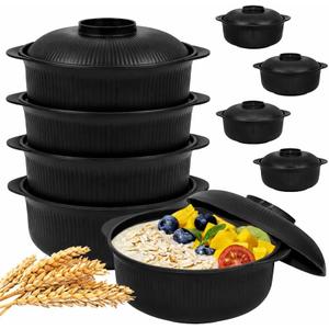 Black Unbreakable Cereal Bowls Set of 4 - Microwave & Dishwasher Safe BPA-Free Plastic Striped Pot Bowls for Family, Kids, Camping - Non-Slip, Eco Wheat Straw Soup Bowls (40oz)