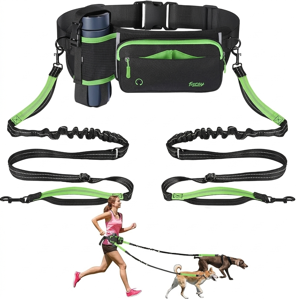 Hands Free Dog Leash 2 Dogs, Adjustable Waist Leash for Dog Walking with Dual Bungees Padded Handle, Shock Absorbing Hands Free Belt for Small Medium-Sized Dogs Outdoor Activities, Black