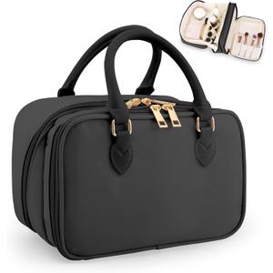 Travel Makeup Bag for Women Fashion Large Capacity Pouch Open Flat Cosmetic Portable Organizer Waterproof Large Opening Storage Toiletry Bags Vertical Free-Standing Brush Holder for Easy Access Black