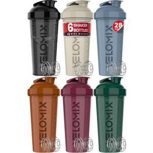 VELOMIX -6 PACK- 28 oz Protein Shaker Bottle for Protein Mixes - 6x Wire Whisk | Leak Proof Shaker Cups for Protein Shakes | Protein Shaker Bottle Pack | Protein Shake Cup (Earth Tones Collection)