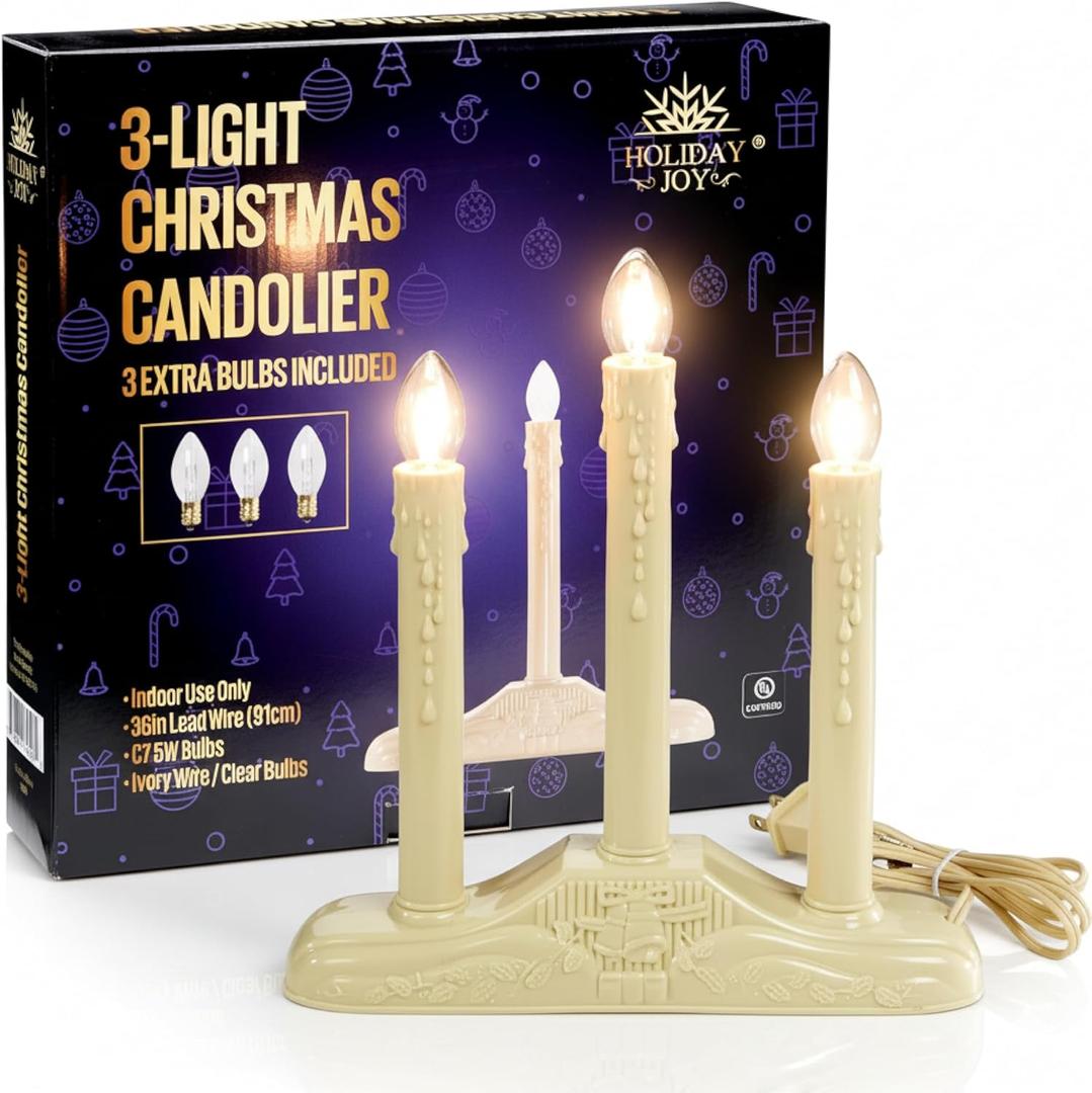 Holiday Joy - 3 Light Candle Candoliers Extra Bulbs - Great Electric Window Candle Lamp and Christmas Decorations (3 Lights)