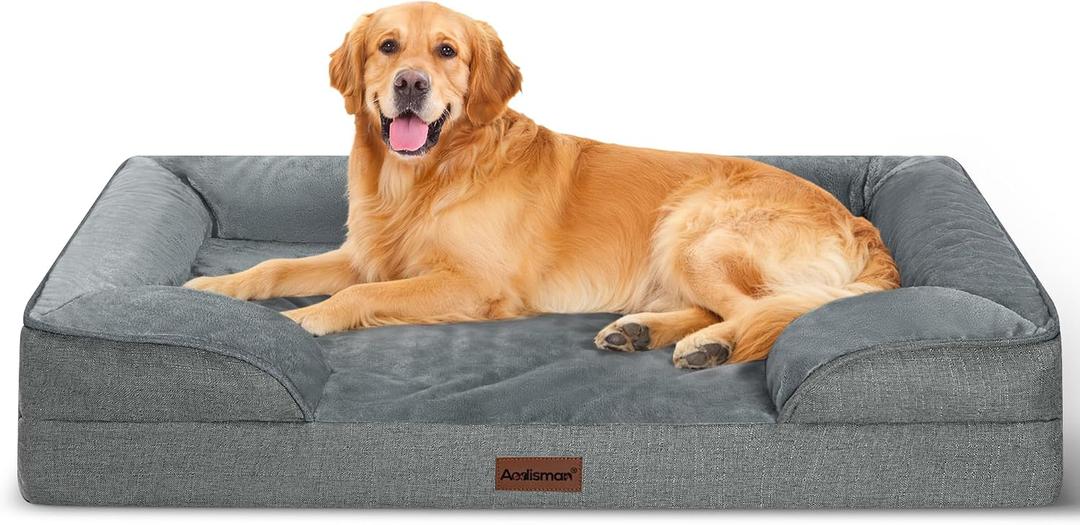 XL Orthopedic Dog Beds for Extra Large Dogs 44x32in, Waterproof Memory Foam Big Size Pet Bed with Sides, Comfort Thick Egg-Crate Foam, Dog Crate Pad & Couch Bed,Washable Cover & Non-Slip Bottom,Grey