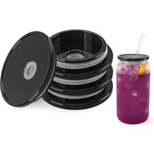 Joyclub 4 Pack Acrylic Lids for 16 oz Glass Cups with Bamboo Lids and Straws Reusable Iced Coffee Cup Beer Can Drinking Glasses for Smoothie Whiskey Boba Soda Tea Gift (Black)