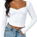 ForeFair Women's Sexy Long Sleeve Going Out Tops Pleated Bustier Shirt Cute Sweetheart Neck Y2K Cropped Top (White)