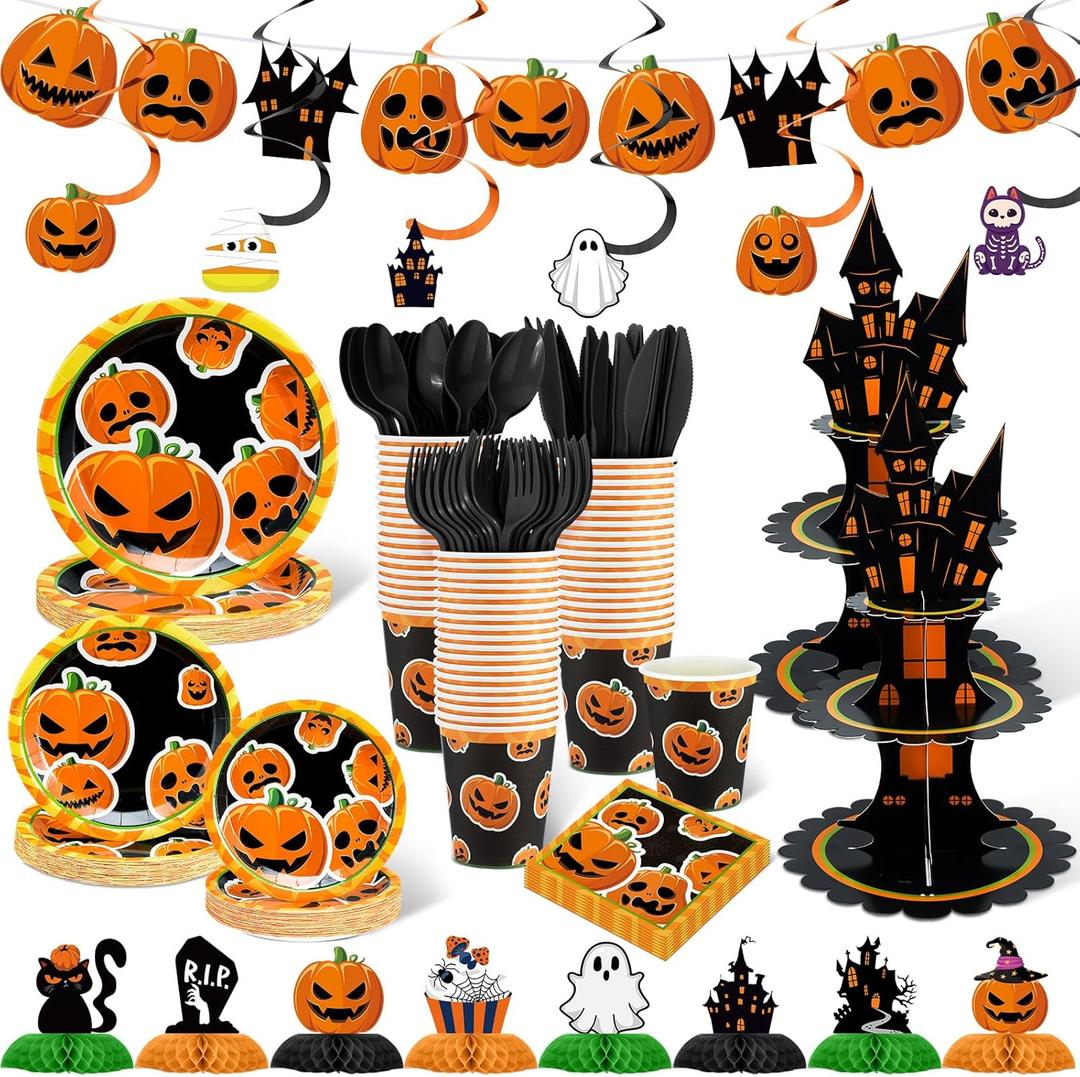 257 Pcs Halloween Party Decorations Include Disposable Paper Party Plates and Cups and Napkins Set Saucer Cupcake Stand Centerpiece Bunting Banner Halloween Tableware Birthday Decoration