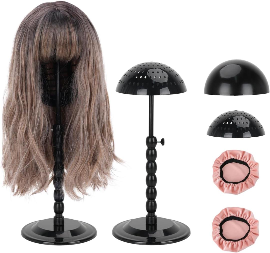 Wig Stand - Plastic Wig Stand 2 Packs Portable Foldable Wig Hat with Velvet Cover Holder Height Adjustable (12-18.8 Inches) Easy to Install Support Wig Display Stand (Black)