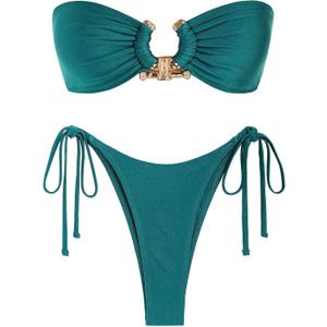 ZAFUL Metal Ring Bandeau Bikini Set Tie Side Bathing Suit High Cut 2 Piece Swimsuit Cutout Swimwear (Large, Silky Green)