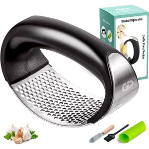 Garlic press rocker, crusher, mincer tool stainless steel with a Garlic Peeler, spatula, and Brush extract more Garlic Paste. The Garlic Mincer Tool Squeezes, Extracts, Crushes