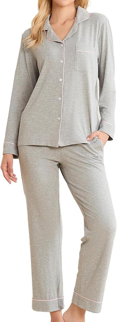 LYCY Cotton Pajamas for Women Set Long Sleeve Lounge Button Up with Pockets (X-Large, Light Grey Mel.)