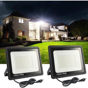 MUCLUD 2Pack LED Flood Light Outdoor, 150W LED Work Light 15500lmwith 6FT US Plug, IP66 Waterproof Exterior Security Lights, 6000K Daylight White Outside Floodlights Slim Design for Playground Yard