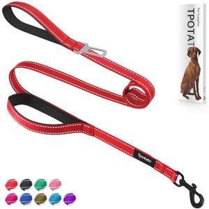 6 Foot Red Dog Leashes for Large Medium and Small Breed Dogs That Pull,Reflective Nylon Heavy Duty Dog Leash with 2 Comfortable Padded Traffic Handles and Car Seat Belt for Walking and Training