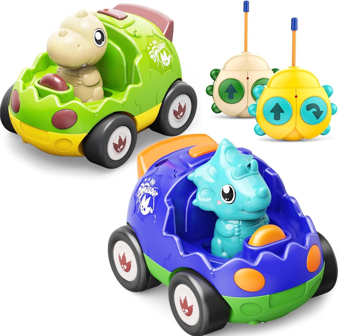 Kidz do 2 Pack Dinosaur Toys Remote Control Cars for Toddlers Ages 2 3 4 5, Christmas Birthday Gifts for 2-5 Year Old Boys, Dinosaur RC Car Toys with Music and Lights (Green Blue)