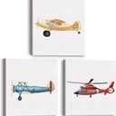 Set of 3 Airplane Nursery Transportation Framed Wall Art Aviation Decor Watercolor Vintage Plane Aircraft Canvas Paintings Prints Posters for Home Kids Toddler Boys Bedroom, 12x12 Inch