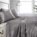 Niagara Sleep Solution Queen Grey Bed Sheet Set 4 Pieces Silky Smooth Bridal Satin Deep Pocket Fitted, Flat, 2 Pillow Cases Wrinkle Stain, Fade Resistant (Grey Satin, Queen)