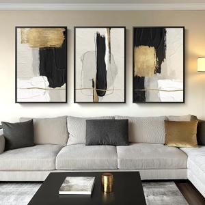 Large Framed Black and White Abstract Wall Art for Living Room, 3 Piece Big Canvas Prints Paintings Artwork for Walls, Modern Minimalist Black Gold Pictures for Hallway Office Wall Decor 24x36 Inch (Block)