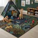 GarveeHome 4x6 Washable Area Rug for Kids Room, Jungle Animal Soft Bedroom Rug Non Slip Low Pile Small Carpet Stain Resistant Throw Rug for Bedside Playroom Classroom Office Dining Room (Blue)