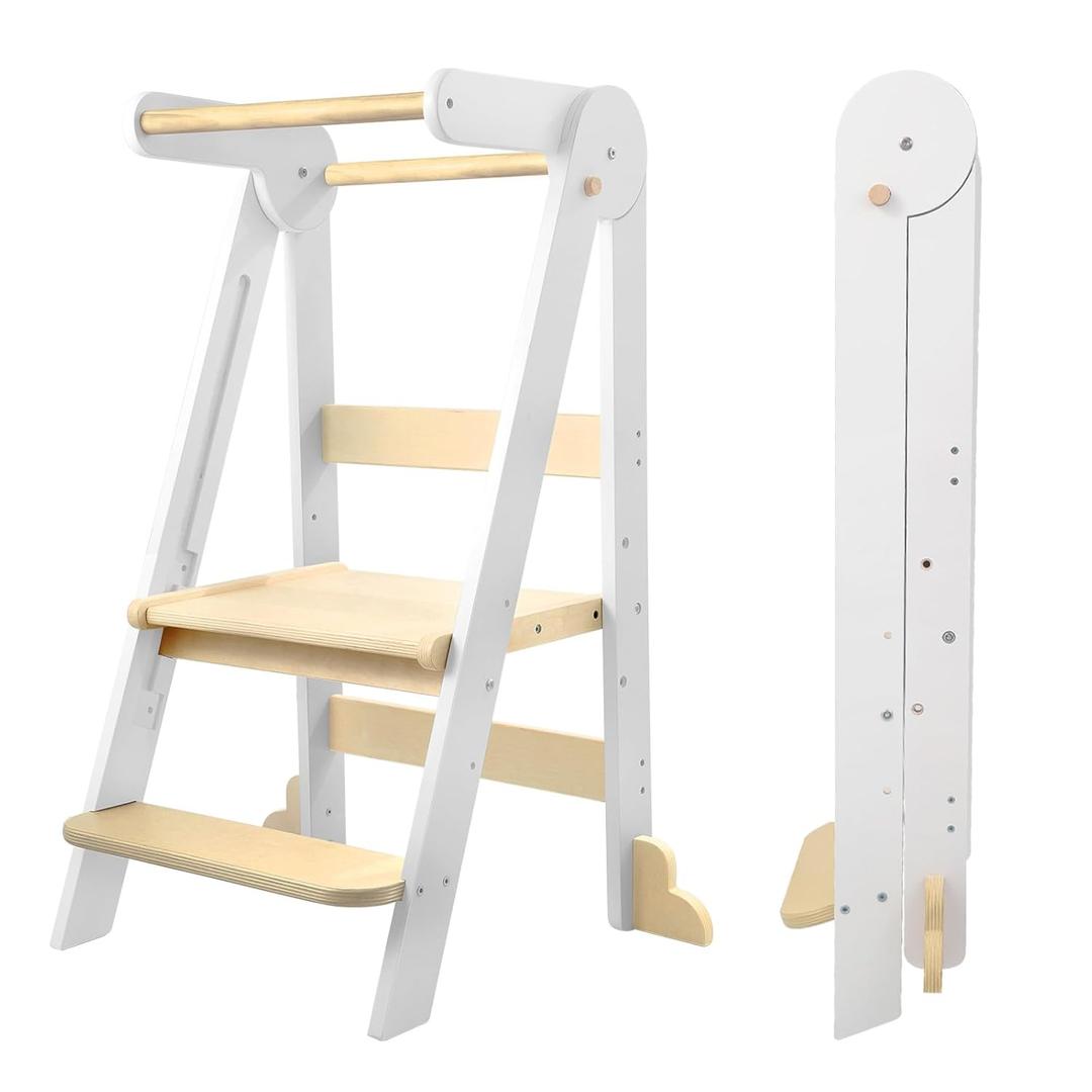 Nordi Foldable Toddler Kitchen Tower,Montessori Kitchen Stools Helper,Standing Tower with 3 Adjustable Heights,Suitable Age for 1.5-6 Years,White